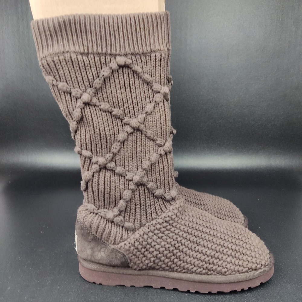 UGG Boots Womens 7 Brown Lattice Cardy 5879 Knit Tall Suede Trim Winter Boots